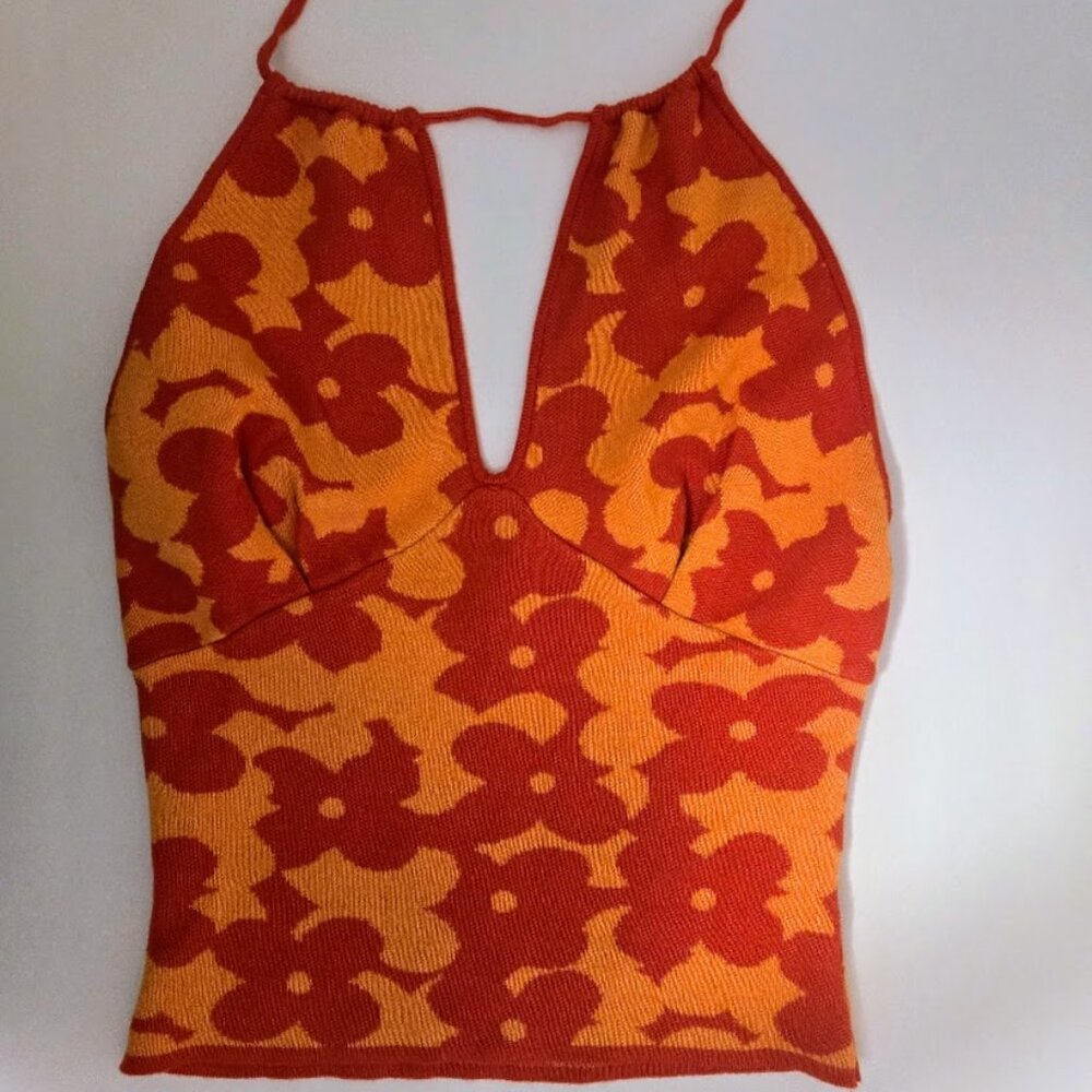 Women's Orange Floral Halter Knit Top